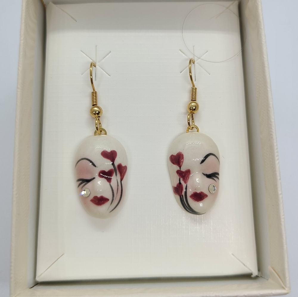Vintage Fancy Faces Hand Painted Porcelain Mask Dangle Earrings Heart Balloons